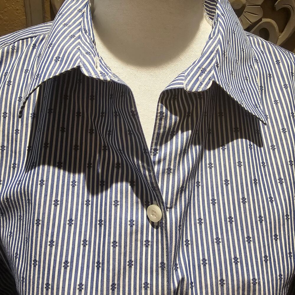 Chico's 1 (8-10) Blue White Stripe Button Up Shirt Grandma Coastal Nautical - Picture 4 of 12